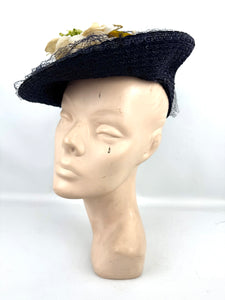 Original Late 1930's or Early 1940's Midnight Blue New York Creations Hat with Velvet Flowers and Net Trim