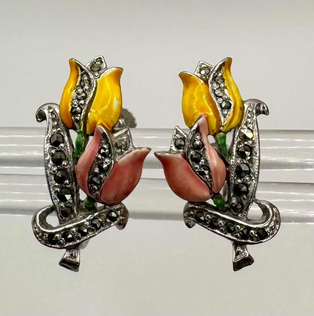 Original 1950's Mid Century Pink and Yellow Enamel and Marcasite Tulip Flower Screw Back Earrings