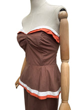 Load image into Gallery viewer, Original 1950's Brown, White and Orange Cotton Wiggle Dress - Bust 34"
