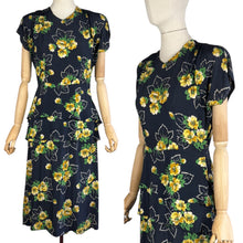 Load image into Gallery viewer, Original 1940's Navy Day Dress with Double Peplum and Floral Print in Green and Yellow - Bust 34 35
