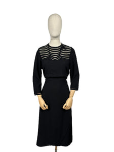 Original 1940's Inky Black Crepe Evening Dress with Net Yoke and Bow Trim - Bust 36 38 *