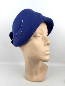Original 1950's Rich Purple Felt Bonnet Style Hat with Bow Trim and Paste Detail
