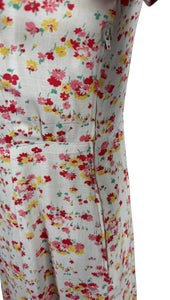 Original Late 1930's Petite Length Floppy Cotton Floral Day Dress in White, Coral, Pink and Yellow - Bust 32 34