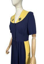 Load image into Gallery viewer, Stunning Original 1940's Navy and Butter Yellow Colour Block Crepe Dress with Floral Embroidery - Bust 34 35 *
