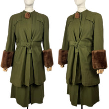 Load image into Gallery viewer, Original 1940's Olive Green Herringbone Wool Long Line Belted Jacket and Skirt Suit with Faux Fur Trim - Short Coat - Bust 36 38
