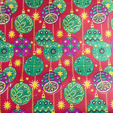 Load image into Gallery viewer, Original Vintage Colourful Christmas Wrapping Paper - Red Base with Beautifully Decorated Green and Magenta Baubles and Stars
