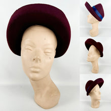 Load image into Gallery viewer, Original 1940&#39;s Burgundy Felt Bonnet Hat with Blue Grosgrain Trim *
