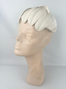 Original 1950's Ivory Fabric Petal Hat with Face Veil and Bow Trim