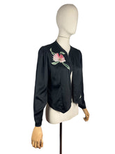 Load image into Gallery viewer, Original 1930’s Inky Black Silk Evening Jacket with Pink and Green Floral Embroidery - Bust 34 35
