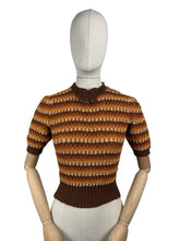 Load image into Gallery viewer, Reproduction 1940&#39;s Waffle Stripe Jumper with Bow Neck in Autumnal Shades of Brown and Rust with Cream Accent - Knitted from a Wartime Pattern - Bust 34 36
