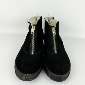 Original 1950's Morlands Fur Lined Black Suede Zip Front Winter Boots - UK 6 6.5