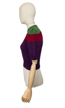 Load image into Gallery viewer, Reproduction 1940&#39;s Hand Knitted Three Colour Stripe Pure Wool Jumper in Green, Red and Purple - Bust 34 36
