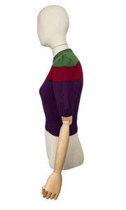Reproduction 1940's Hand Knitted Three Colour Stripe Pure Wool Jumper in Green, Red and Purple - Bust 34 36