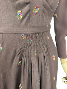 Original 1930’s Chocolate Brown Long Sleeved Crepe Day Dress with Button Back and Original Belt - Bust 34 36