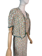 Load image into Gallery viewer, Original 1930's Dress and Faux Bolero Floral Belted Day Dress in Green, Rust and Yellow - Bust 42
