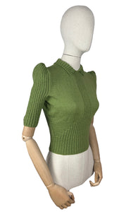 Reproduction 1940's Wartime Pure Wool Jumper with Neat Collar in Turtle Green  - Bust 34 36