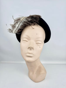 Original 1950’s Black Felt Hat with Large Ostrich Feather and Paste Trim by Wilmine