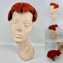 Load image into Gallery viewer, Original 1950&#39;s Burnt Orange Cotton Velvet Hat with Bow Detail
