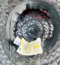 Load image into Gallery viewer, Original 1940's Black Mesh Pancake Hat with Pink Flower and Green Net Trim *
