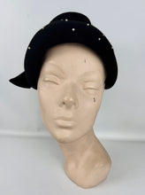 Load image into Gallery viewer, Original 1950&#39;s Inky Black Felt Hat with Faux Pearl Beads and Side Bow
