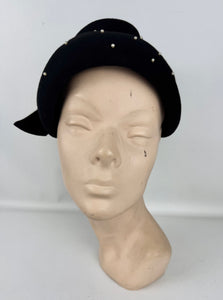 Original 1950's Inky Black Felt Hat with Faux Pearl Beads and Side Bow