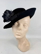 Load image into Gallery viewer, Original 1930’s 1940's Black Felt Fedora with Feather Trim by DUNLAP
