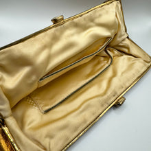 Load image into Gallery viewer, Original 1950&#39;s Soft Gold Leather Evening Bag with Snake Chain and Clear Paste Set Clasp
