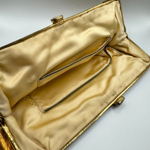 Original 1950's Soft Gold Leather Evening Bag with Snake Chain and Clear Paste Set Clasp