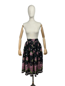 Original 1950's Floral Border Print Skirt in Black, Pink, White and Green Featuring Violets - Waist 24" *