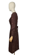 Load image into Gallery viewer, Original 1930’s Chocolate Brown Long Sleeved Crepe Day Dress with Button Back and Original Belt - Bust 34 36
