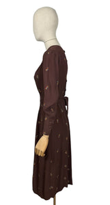 Original 1930’s Chocolate Brown Long Sleeved Crepe Day Dress with Button Back and Original Belt - Bust 34 36