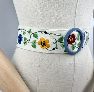 Original 1930's Embroidered Cream Linen Belt with Blue Buckle - Silk Flowers in Red, Purple, Mustard, Blue and Orange