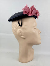 Load image into Gallery viewer, Original 1950's Dark Blue Lacquered Straw and Velvet Hat with Pink Floral Trim
