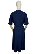 Load image into Gallery viewer, Original 1950&#39;s Dark Blue Moygashel Linen Classic Belted Day Dress by Rembrandt - Great Button Detail - Bust 38 *
