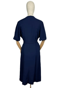 Original 1950's Dark Blue Moygashel Linen Classic Belted Day Dress by Rembrandt - Great Button Detail - Bust 38 *