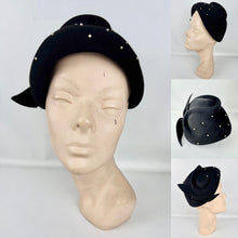 Load image into Gallery viewer, Original 1950&#39;s Inky Black Felt Hat with Faux Pearl Beads and Side Bow
