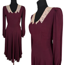 Load image into Gallery viewer, Original 1930's Petite Length Burgundy Crepe Long Sleeved Belted Day Dress with Lace Detail - Bust 34
