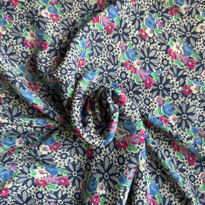 Original 1940's Floral Crepe White, Blue, Pink and Green Dressmaking Fabric - 34" x 100"