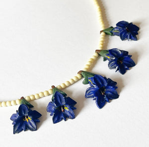 Original Mid Century Carved Bovine Bone Necklace Featuring Five Gentian Violet Flowers