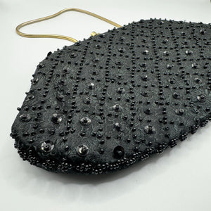 Vintage Black Beaded and Sequined Evening Bag With Snake Chain Handle and Kissing Clasp