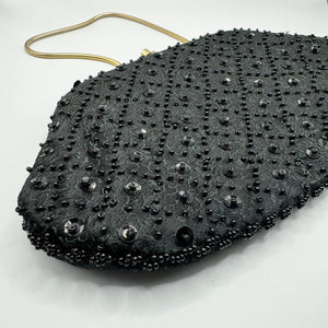 Vintage Black Beaded and Sequined Evening Bag With Snake Chain Handle and Kissing Clasp *