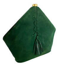 Load image into Gallery viewer, Stunning Original 1930's Forest Green Suede and Leather Five Sided Bag with Tassel Detail and Gold Clasp
