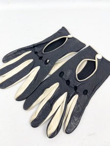 Original 1960's Midnight Blue and Cream Kid Leather Driving Gloves with Popper Fastening *