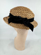 Load image into Gallery viewer, Wounded but Wearable Original 1940's 1950's Natural Straw Sunhat with Soft Black Velvet Ribbon Trim
