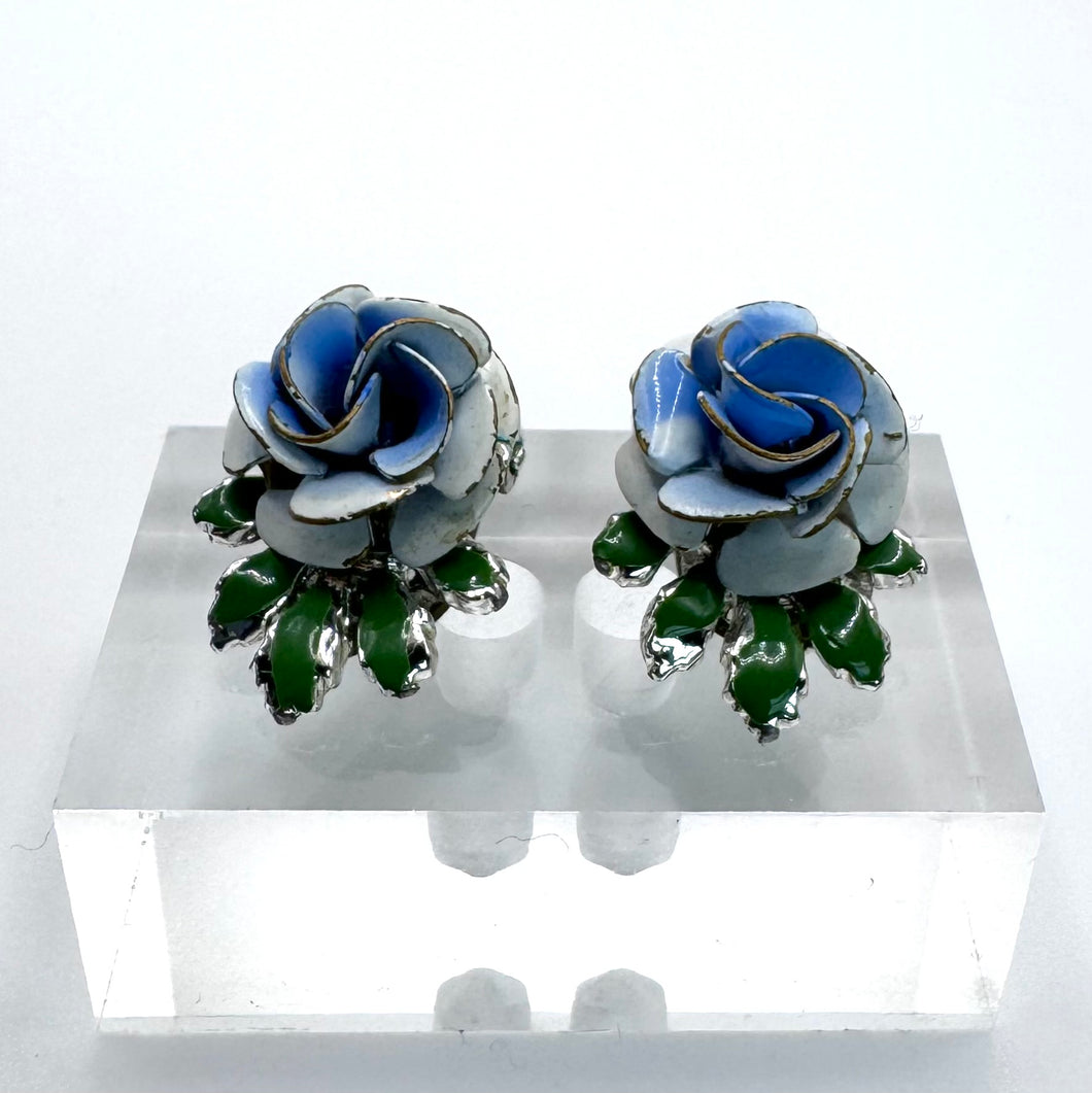 Original 1950's Mid Century Clip on Earrings by Coro - Blue and Green Enamel Roses