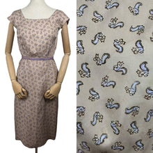 Load image into Gallery viewer, Original 1950&#39;s Pure Silk Squirrel Novelty Print Belted Wiggle Dress in Taupe and Purple - Bust 36
