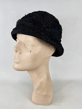 Load image into Gallery viewer, Original 1920’s Black Straw and Grosgrain Small Size Cloche Hat *
