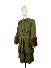 Load image into Gallery viewer, Original 1940's Olive Green Herringbone Wool Long Line Belted Jacket and Skirt Suit with Faux Fur Trim - Short Coat - Bust 36 38
