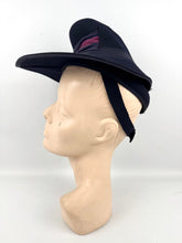 Load image into Gallery viewer, Original 1930&#39;s Midnight Blue Felt Hat with Crepe and Pink Velvet Trim - Classic Piece
