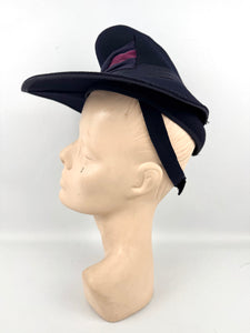 Original 1930's Midnight Blue Felt Hat with Crepe and Pink Velvet Trim - Classic Piece